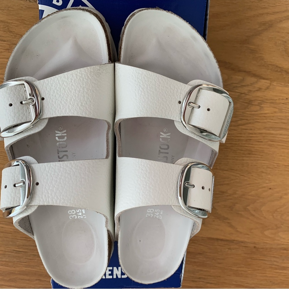 Birkenstock White Sandals with Silver Buckles Sz 38